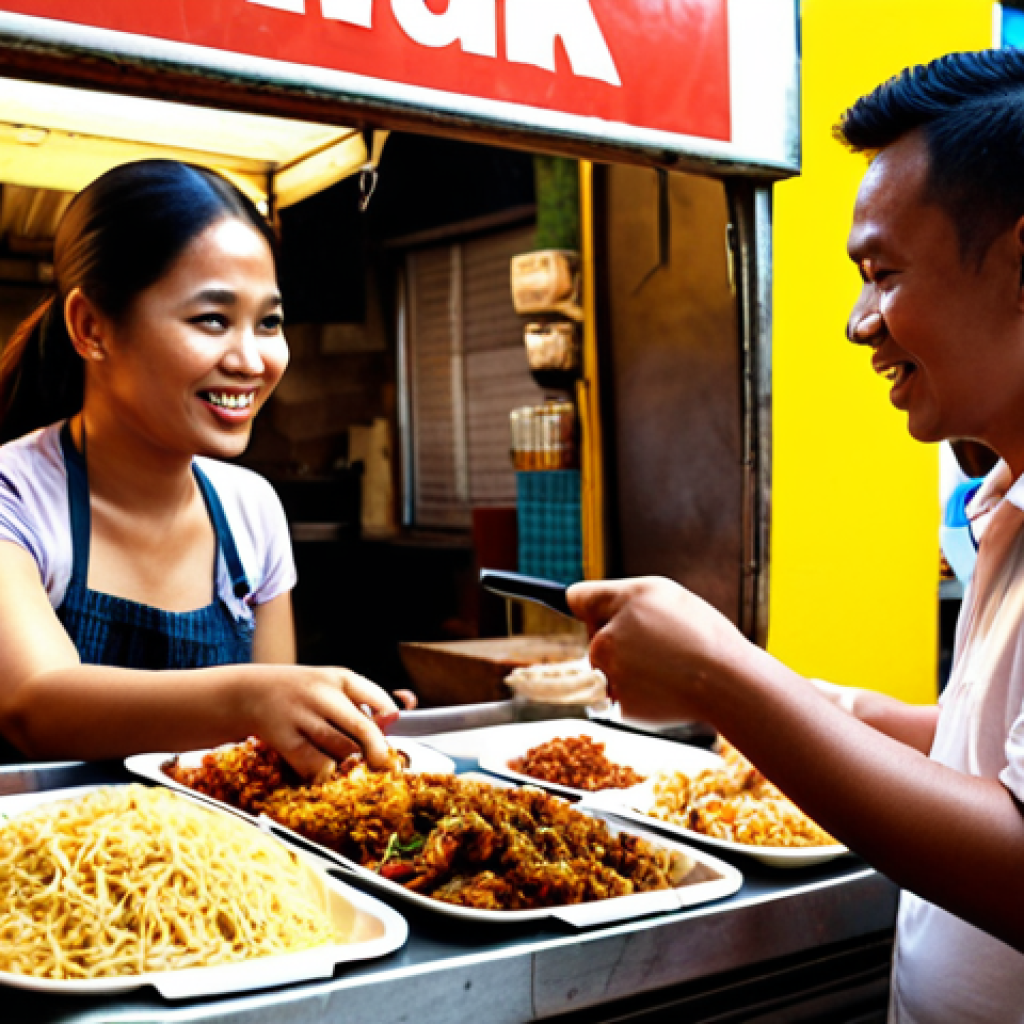 **

`Customer interview in a bustling Malaysian "mamak" (food stall) setting. A friendly interviewer gestures while a customer shares their thoughts, surrounded by vibrant local street food and drinks. Focus on connection and active listening.`

**