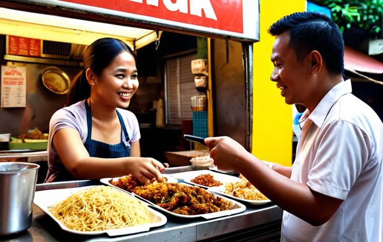 **

`Customer interview in a bustling Malaysian "mamak" (food stall) setting. A friendly interviewer gestures while a customer shares their thoughts, surrounded by vibrant local street food and drinks. Focus on connection and active listening.`

**