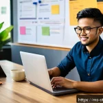 Home 21 린 스타트업의 스토리텔링 기법 - A young Malay entrepreneur in a modern office setting, passionately sharing the personal story behin...
