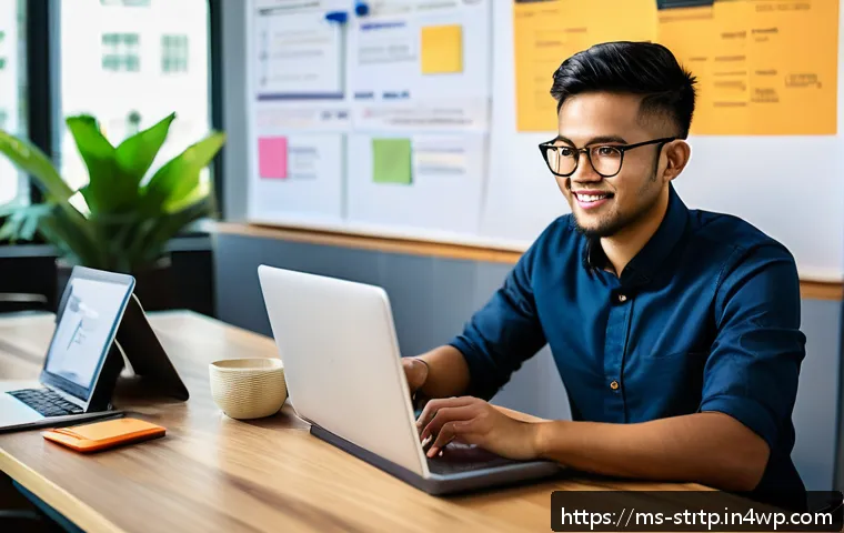 린 스타트업의 스토리텔링 기법 - A young Malay entrepreneur in a modern office setting, passionately sharing the personal story behin...