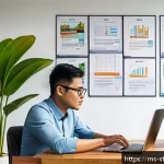 Home 20 린 스타트업 재무 관리 기본 가이드 - A modern Malaysian startup office scene showing a young entrepreneur reviewing detailed cash flow ch...