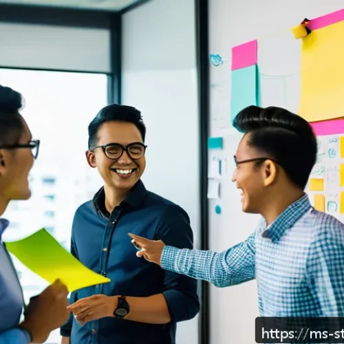 Home 30 린 스타트업의 팀 역량 강화 전략 - A diverse Malaysian startup team in a modern office, collaborating enthusiastically around a whitebo...